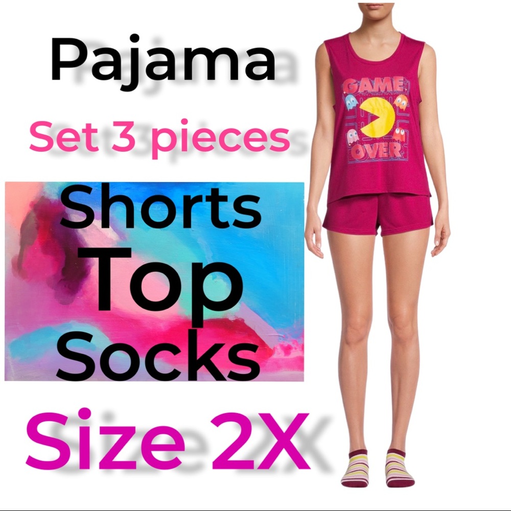 New Women Pac-Man pajama set 3 pieces shorts top socks size 2X